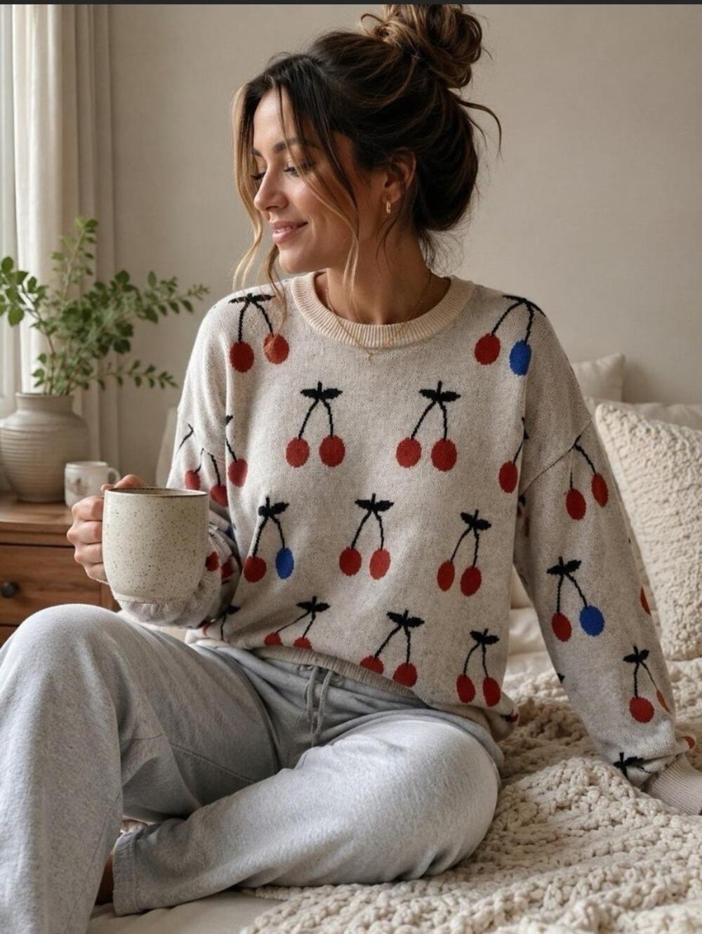 Madewell Merino Wool Oatmeal Cherry Jacquard Pullover Sweater Size L Cozy Fresh